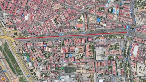 En rojo, trazado por donde discurría el carril bici xirivella