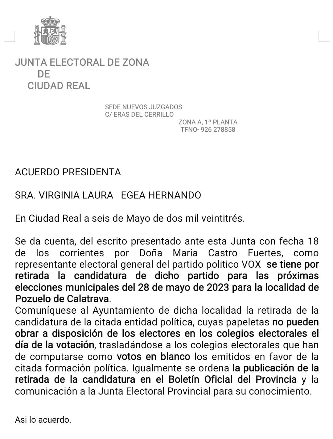 Vox se retira en Pozuelo de Calatrava después de que su candidato se declarara opuesto al partido Vox se retira en Pozuelo de Calatrava después de que su candidato se declarara opuesto al partido