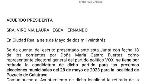 Escrito de la Junta Electoral confirmando la retirada de la candidatura de Vox en Pozuelo