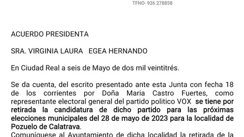 Escrito de la Junta Electoral confirmando la retirada de la candidatura de Vox en Pozuelo Escrito de la Junta Electoral confirmando la retirada de la candidatura de Vox en Pozuelo