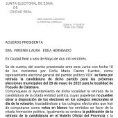 Escrito de la Junta Electoral confirmando la retirada de la candidatura de Vox en Pozuelo