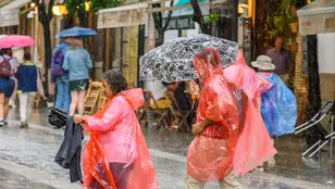 Dos personas se protegen de la lluvia con chubasqueros en Sevilla