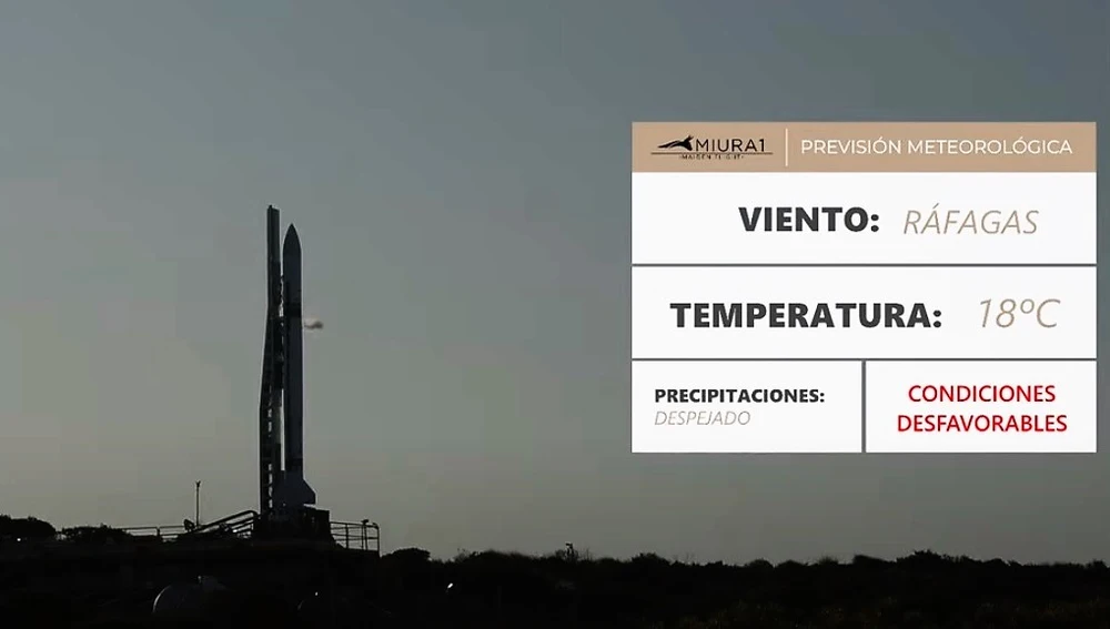 El cohete MIURA 1 en la plataforma de lanzamiento y la advertencia de condiciones meteorológicas desfavorables.