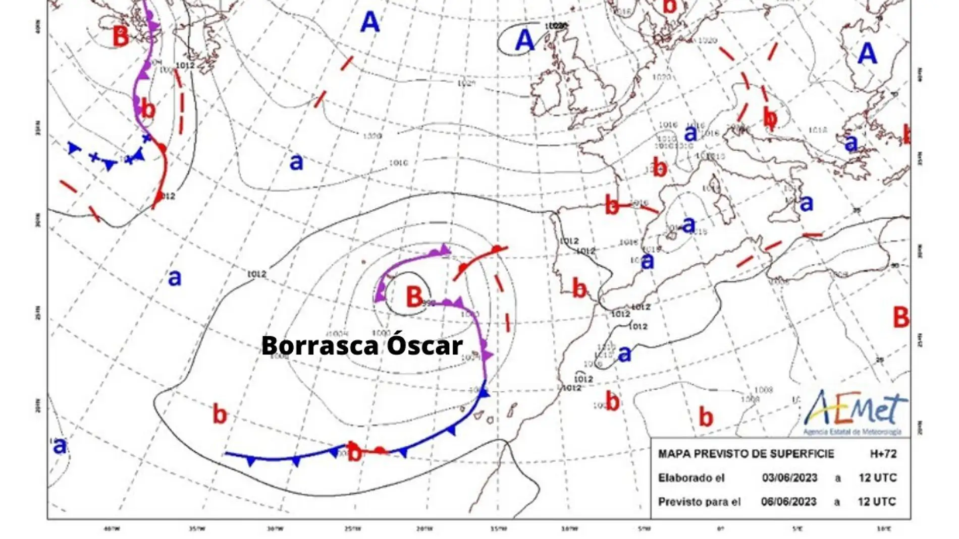 Mapa meteorológico de la Borasca Oscar sobre Canarias