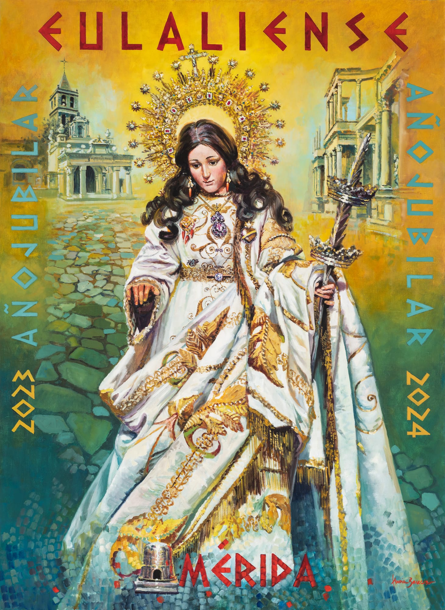 Una composición de Santa Eulalia presidiendo los Caminos Eulalienses hacia el Hornito centra el cartel del Año Jubilar Eulaliense pintado por Nuria Barrera Una composición de Santa Eulalia presidiendo los Caminos Eulalienses hacia el Hornito centra el cartel del Año Jubilar Eulaliense pintado por Nuria Barrera