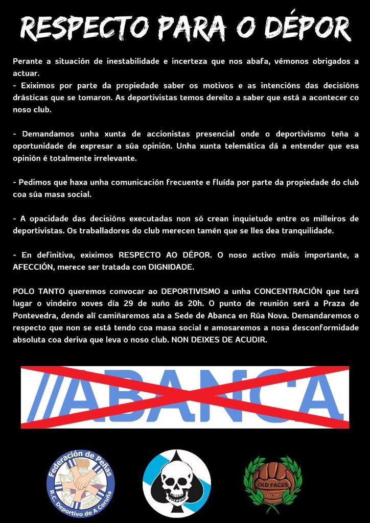 Federación de Peñas, Riazor Blues y Old Faces convocan al deportivismo a manifestarse ante Abanca el jueves 29 de junio Federación de Peñas, Riazor Blues y Old Faces convocan al deportivismo a manifestarse ante Abanca el jueves 29 de junio