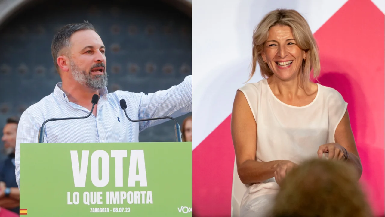 Montaje con dos imágenes de Santiago Abascal y Yolanda Díaz en sendos mítines electorales