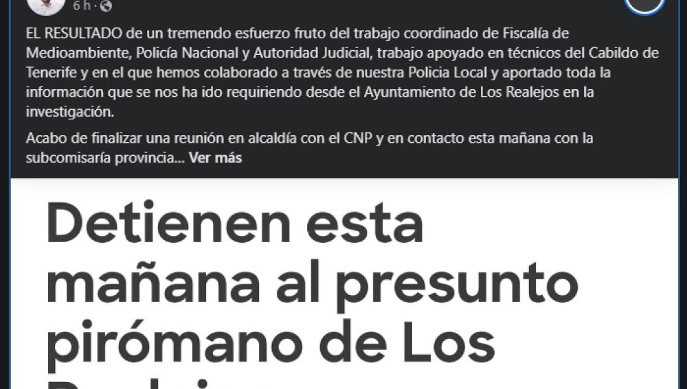 El alcalde de Los Realejos, Adolfo González ha publicado la noiticia en sus redes sociales