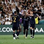 Real Madrid midfielder Federico Valverde (R) reacts after scoring during the second half of the friendly match between Real Madrid and AC Milan at Rose Bowl Stadium in Pasadena, California, USA, 23 July 2023
