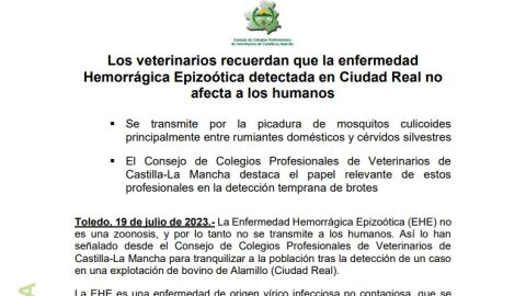 Nota emitida por los Colegios de Veterinarios de CLM ante la Fiebre Hemorr&aacute;gica Epizo&oacute;tica