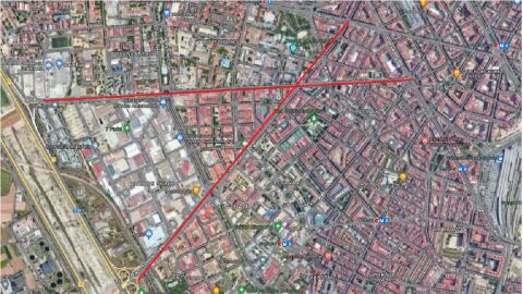 En rojo, trazado de los futuros carriles bici