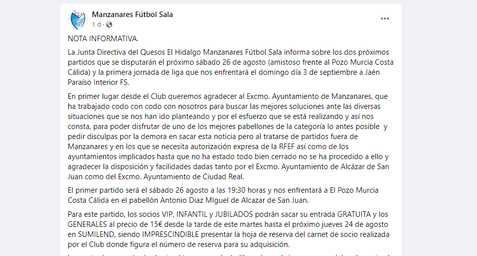 Quesos El Hidalgo Manzanares F.S. ya tiene donde disputar sus dos próximos encuentros Quesos El Hidalgo Manzanares F.S. ya tiene donde disputar sus dos próximos encuentros