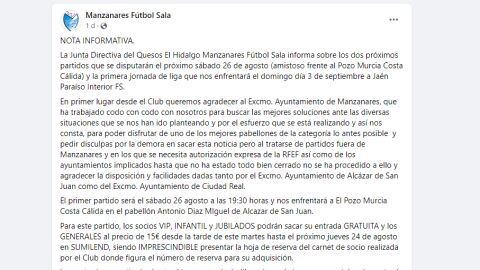 Nota de prensa del Manzanares F.S.