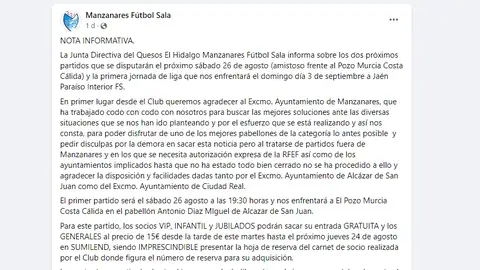 Nota de prensa del Manzanares F.S. Nota de prensa del Manzanares F.S.