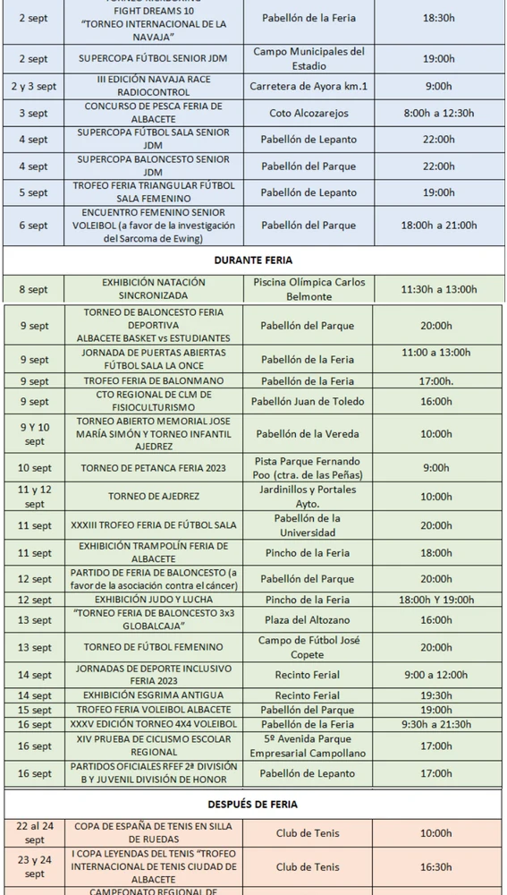 programación completa de la Feria Deportiva 2023