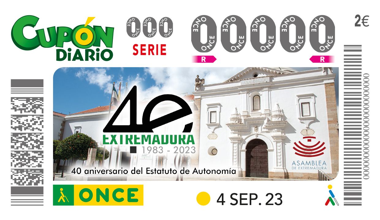 El cupón de la ONCE del 4 de septiembre dedicado a La Asamblea de Extremadura por el 40 aniversario del Estatuto de Autonomía El cupón de la ONCE del 4 de septiembre dedicado a La Asamblea de Extremadura por el 40 aniversario del Estatuto de Autonomía