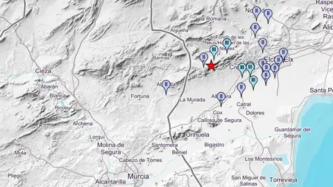 Mapa de zonas en las que se ha sentido el terremoto con epicentro en Hondón de los Frailes. Mapa de zonas en las que se ha sentido el terremoto con epicentro en Hondón de los Frailes.