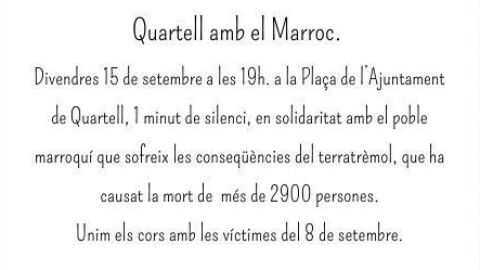 El Ayuntamiento de Quartell convoca un minuto de silencio por el terremoto de Marruecos