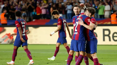 Los jugadores del Barça celebran su victoria ante el Celta