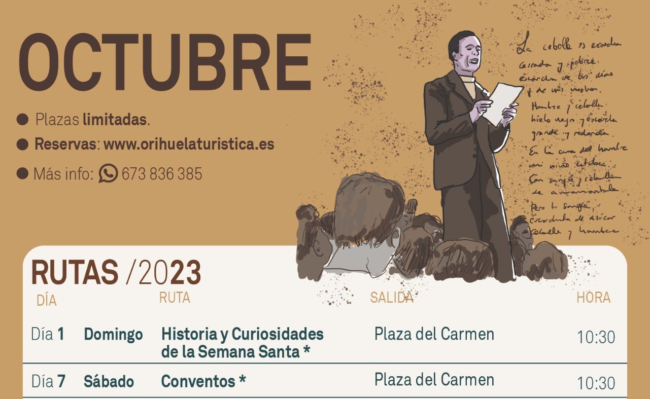 Turismo Orihuela organiza las rutas de octubre destacando la figura de Miguel Hernández y la Semana Santa Turismo Orihuela organiza las rutas de octubre destacando la figura de Miguel Hernández y la Semana Santa