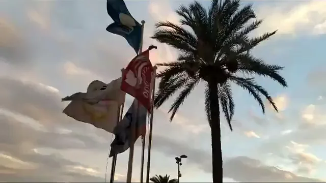 El viento mueve las banderas y agita las aguas del Mediterr&aacute;neo en la playa de El Postiguet de Alicante 