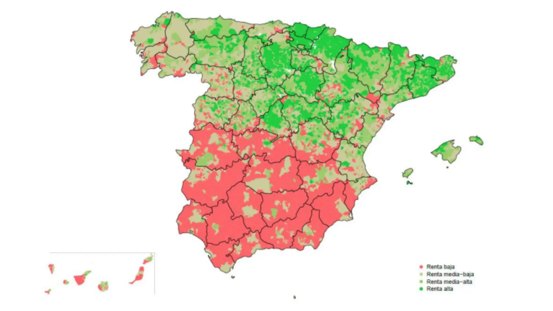 Mapa de los municipios con más y menos renta de España, elaborado por el INE