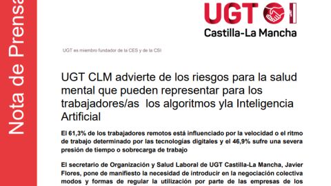 UGT advierte sobre algoritmos e Inteligencia Artificial
