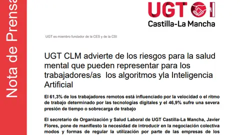 UGT advierte sobre algoritmos e Inteligencia Artificial UGT advierte sobre algoritmos e Inteligencia Artificial