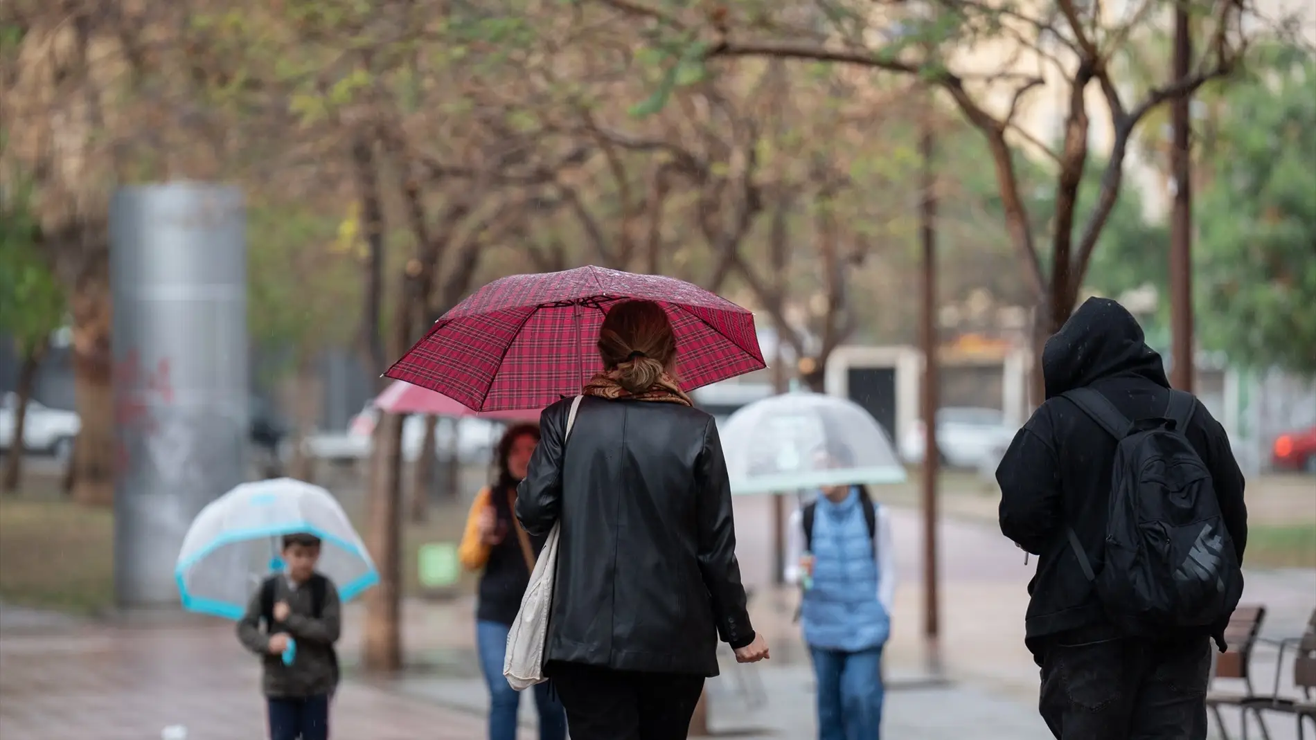 Varias personas con paraguas pasean por una de las calles de la ciudad.