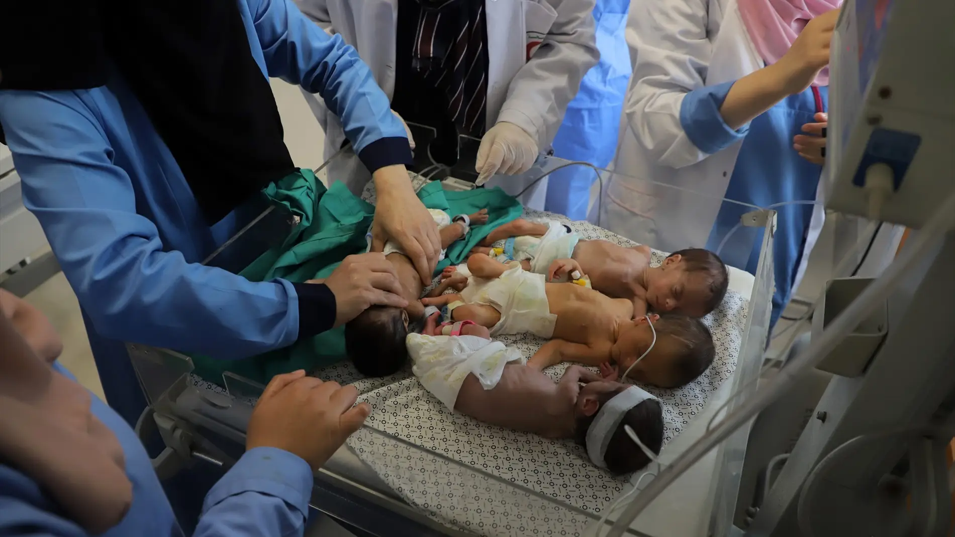 Trabajadores sanitarios atienden en un hospital de Rafá a más de 30 bebés prematuros evacuados del Hospital al Shifa, el más grande en la Franja de Gaza