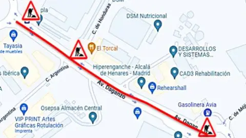 Trabajos de fresado y asfaltado reducen a un carril por sentido un tramo de la avenida de Daganzo en el barrio alcalaíno de El Olivar Plano del tramo afectado por los trabajos de fresado ya asfaltado en la avenida de Daganzoa