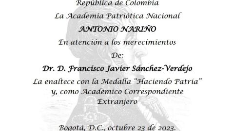 Nombramiento de Francisco Javier S&aacute;nchez-Verdejo P&eacute;rez como Acad&eacute;mico Correspondiente Extranjero