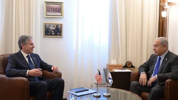 El primer ministro israelí, Benjamín Netanyahu, durante su reunión con el secretario de Estado de Estados Unidos, Antony Blinken