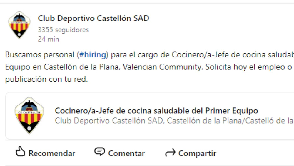 Anuncio del CD Castellón en Linkedin