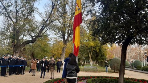 Dos estudiantes han izado la bandera de España en el Parque de Gasset