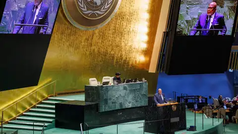 El presidente de la Asamblea General de la ONU, Dennis Francis, habla durante una sesión. El presidente de la Asamblea General de la ONU, Dennis Francis, habla durante una sesión.