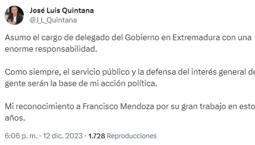 José Luis Quintana, nuevo delegado de gobierno en Extremadura