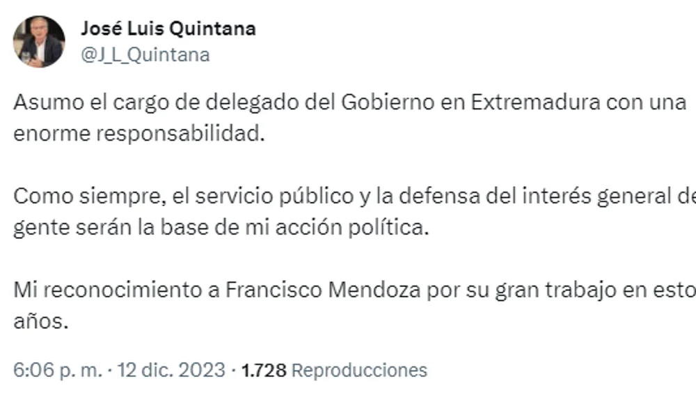 José Luis Quintana, nuevo delegado de gobierno en Extremadura José Luis Quintana, nuevo delegado de gobierno en Extremadura