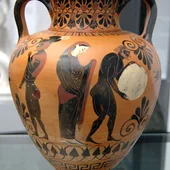 Nekyia: Áyax rencoroso, Perséfone supervisando a Sísifo el alzamiento de la piedra en el Hades. Ánfora ática con técnica de figuras negras, c. 530 a. C. Nekyia: Áyax rencoroso, Perséfone supervisando a Sísifo el alzamiento de la piedra en el Hades. Ánfora ática con técnica de figuras negras, c. 530 a. C.