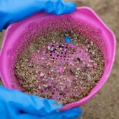 Una voluntaria recogía pellets de plástico este lunes en la playa coruñesa de O Portiño.