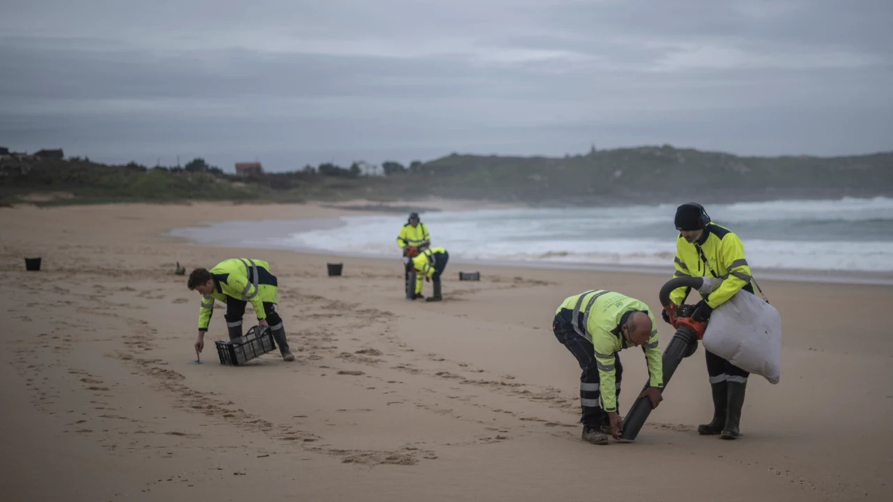 Varios operarios contratados por Tragsa recogen pellets de plástico en la playa de Seiras (Porto do Son), A Coruña