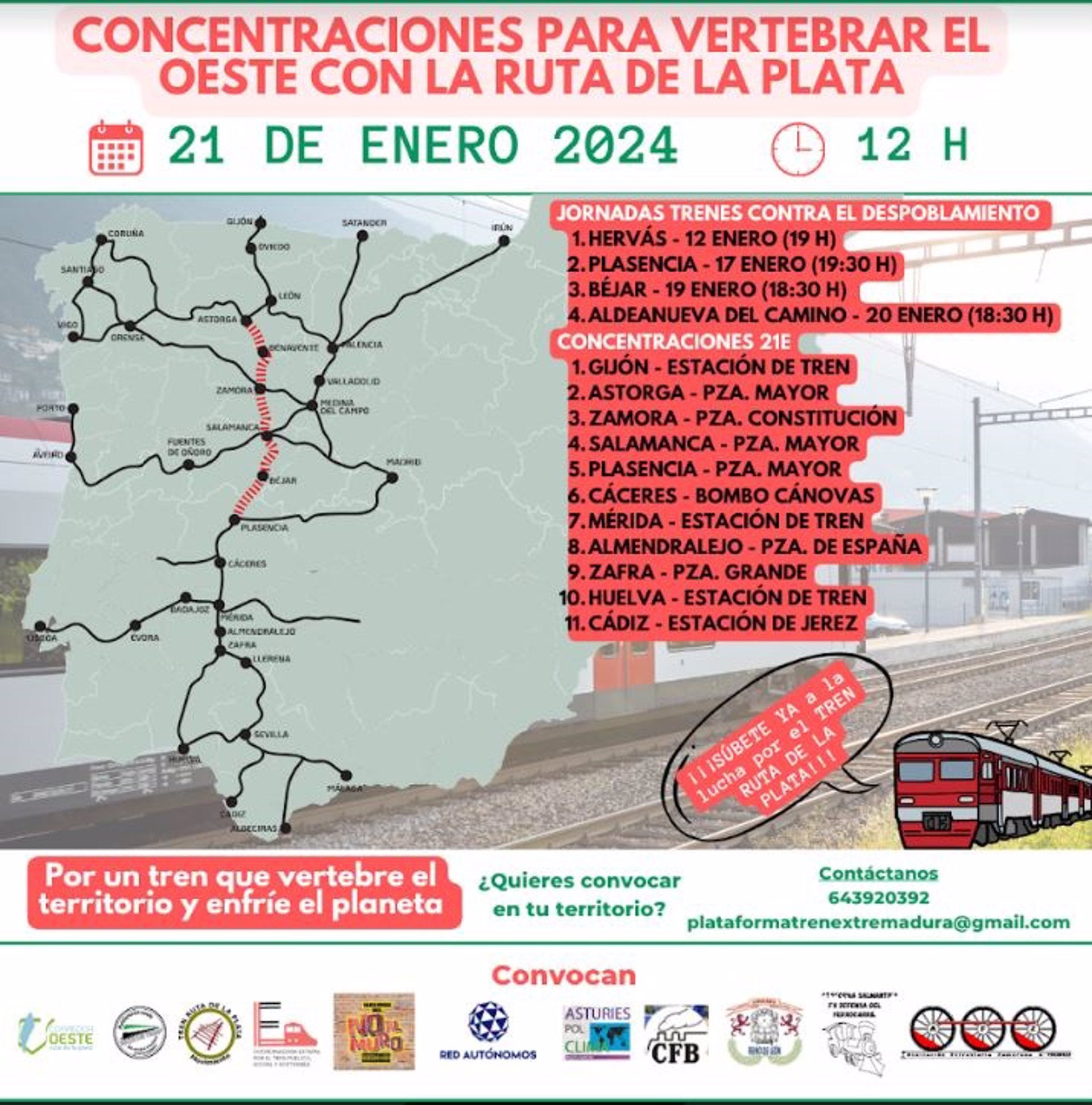 Un total de once ciudades de cuatro CCAA convocan concentraciones este domingo para recuperar el tren Ruta de la Plata Un total de once ciudades de cuatro CCAA convocan concentraciones este domingo para recuperar el tren Ruta de la Plata