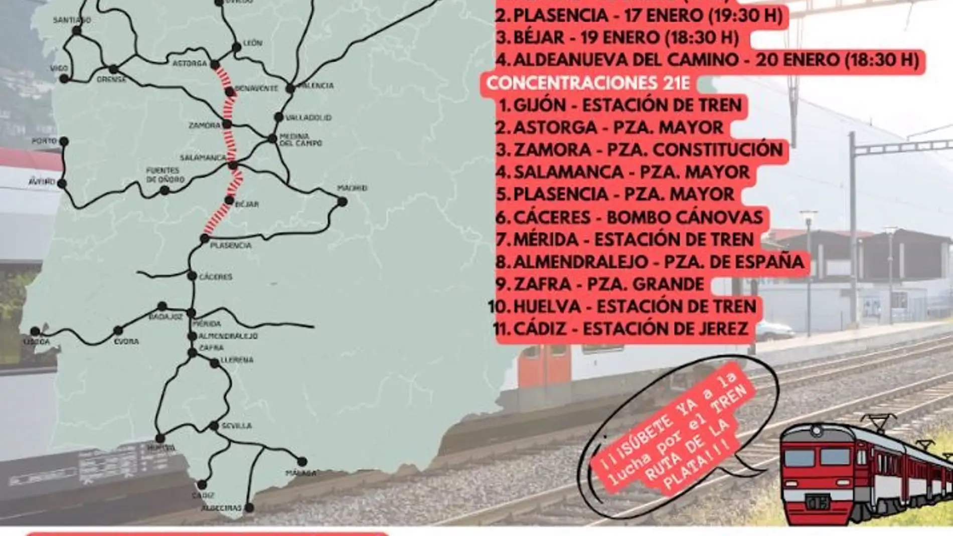 Un total de once ciudades de cuatro CCAA convocan concentraciones este domingo para recuperar el tren Ruta de la Plata