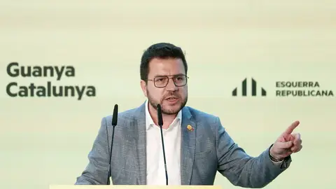 El presidente de la Generalitat, Pere Aragonès, durante su intervención en el acto celebrado en Barcelona Aragonès asegura que hará posible un referéndum sobre la independencia de Cataluña