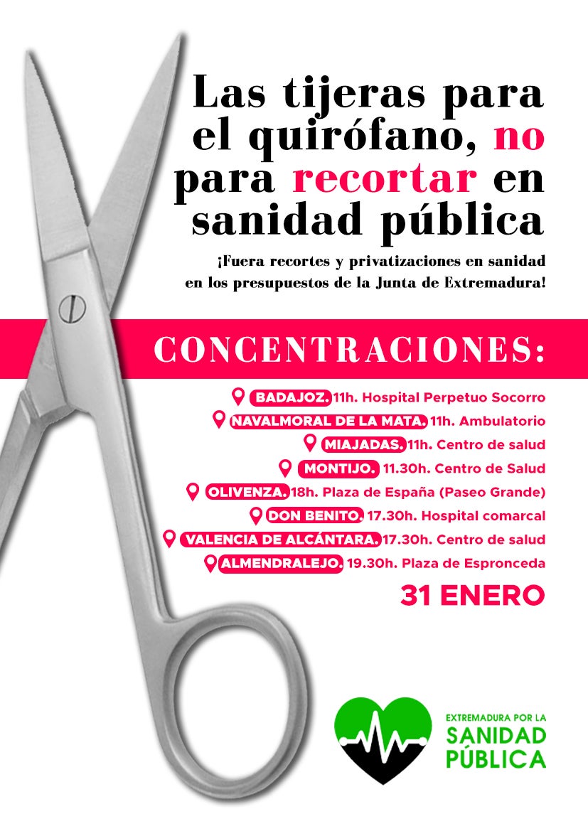 El movimiento "Extremadura por la Sanidad Pública" ha convocado concentraciones este miércoles en diversos puntos de la región El movimiento "Extremadura por la Sanidad Pública" ha convocado concentraciones este miércoles en diversos puntos de la región