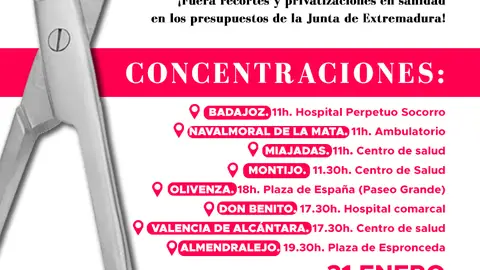 El movimiento "Extremadura por la Sanidad Pública" ha convocado concentraciones este miércoles en diversos puntos de la región El movimiento "Extremadura por la Sanidad Pública" ha convocado concentraciones este miércoles en diversos puntos de la región