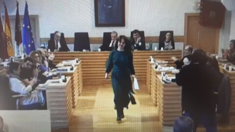 Pilar Zamora abandona el salón de plenos tras renunciar a su acta de concejal Pilar Zamora abandona el salón de plenos tras renunciar a su acta de concejal