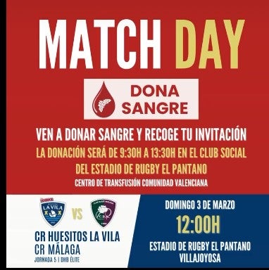 El Rugby La Vila dará invitaciones para el partido contra el Málaga a quien done sangre ese domingo El Rugby La Vila dará invitaciones para el partido contra el Málaga a quien done sangre ese domingo