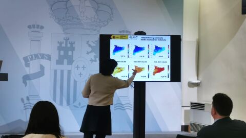 Beatriz T&eacute;llez, cap de climatologia de l'AEMET a Catalunya, mostrant els mapes de temperatures d'aquest hivern