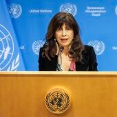 La ministra de Igualdad, Ana Redondo, durante una conferencia de prensa en la sede central de Naciones Unidas en Nueva York. 